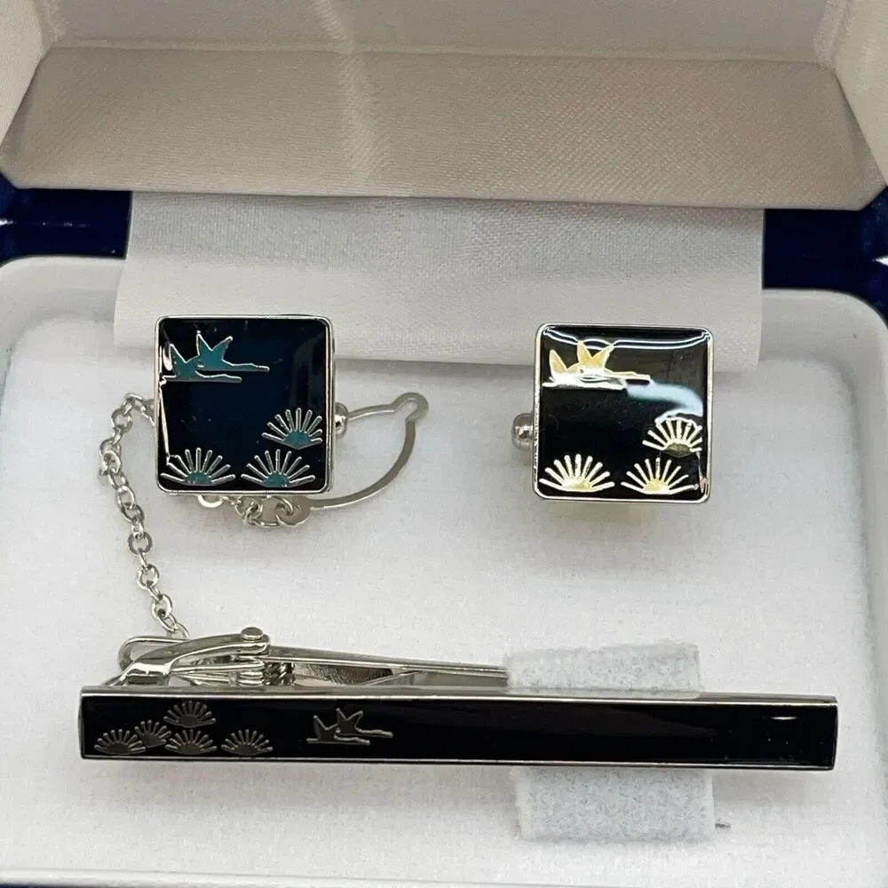 Retro Vintage Cuff Links & Tie Clip Set Silver with 24K Gold Inlay